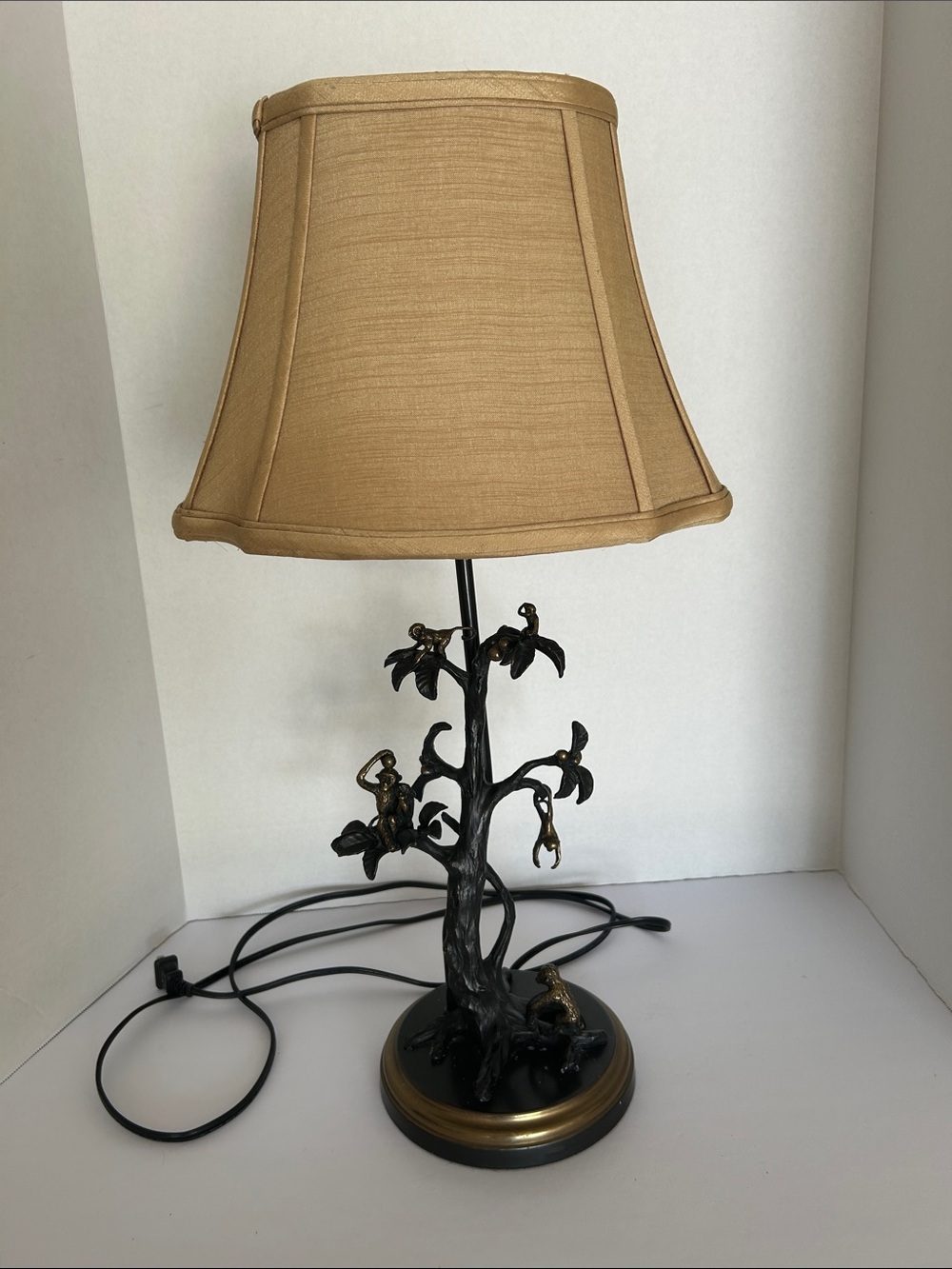 Bronze Monkey Table Lamp with Tan Shade